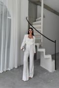 JAKARLI BLUZU TASARIM DETAYLI CEKET-PANTOLON-BLUZ 3 LÜ TAKIM - Beyaz resmi